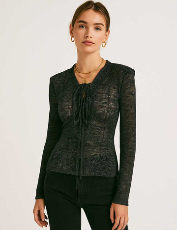 Ladies See Sheer Lace Up Neckline Mesh Blouse