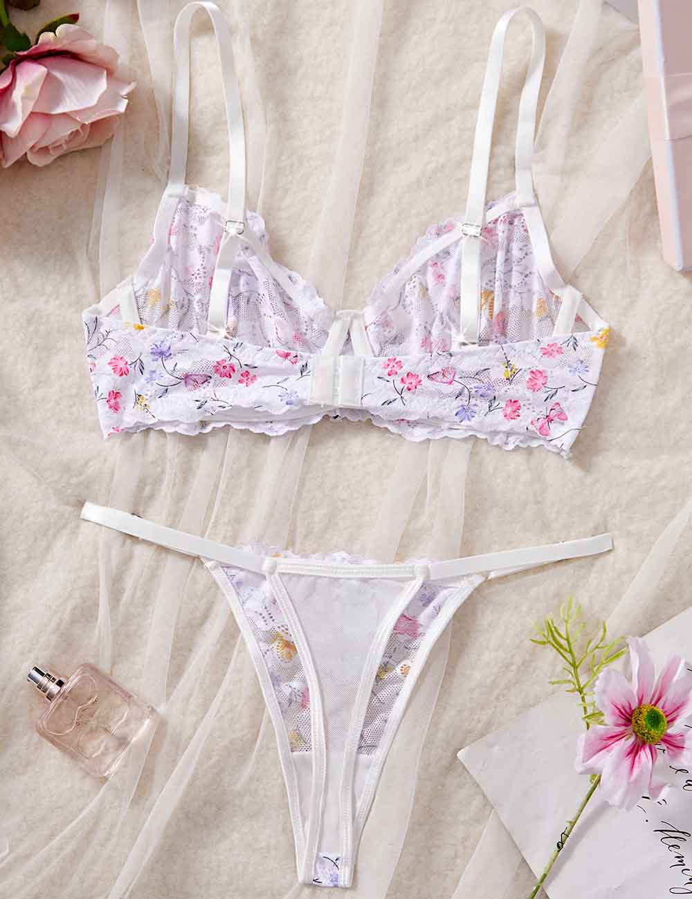 Ladies Cute Sheer Mesh Lace Floral Print Thong Lingerie Set
