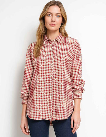 Ladies Multicolor Checked Floral Pattern Turndown Collar Button Shirt