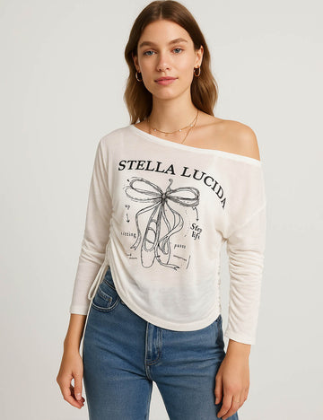 Ladies Tiny See Sheer Pullover Ballet Flat Print Tee