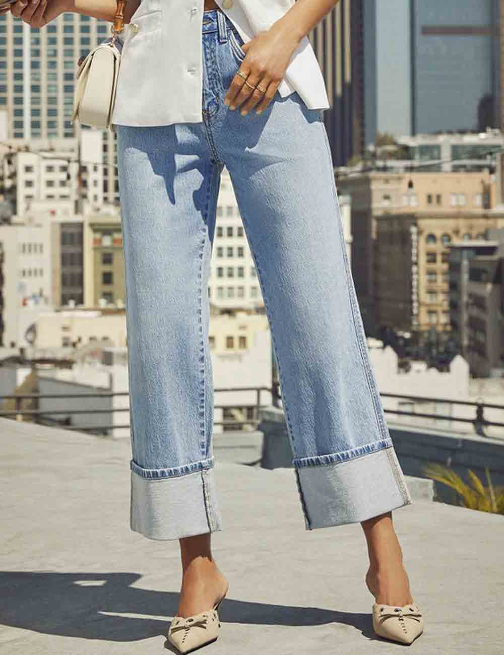 Ladies Rolled Hem Straight Leg Denim Pants