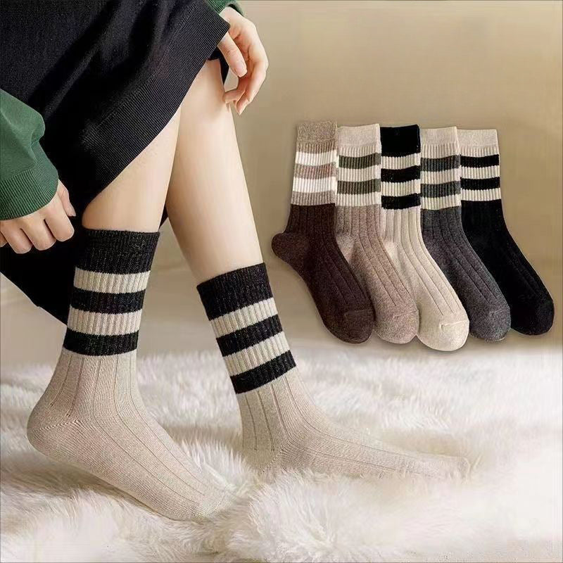 Ladies Rib Knit Color Block Stripe Socks SKASC4176