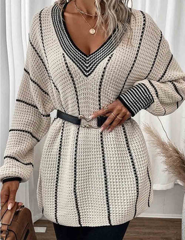 Ladies Color Block Striped V-Neck Knit Sweater