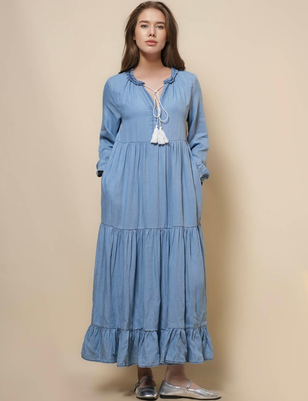 Ladies V-Neck Long Sleeeves Denim Midi Dress SKD50033