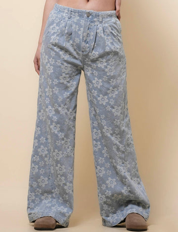 Ladies Floral Print Mid Waist Wide Leg Jeans SKP50110