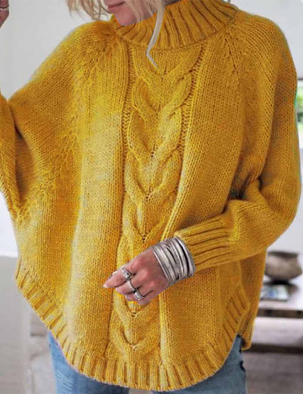 Ladies Solid Color Pullover Stand Collar Cable Sweater