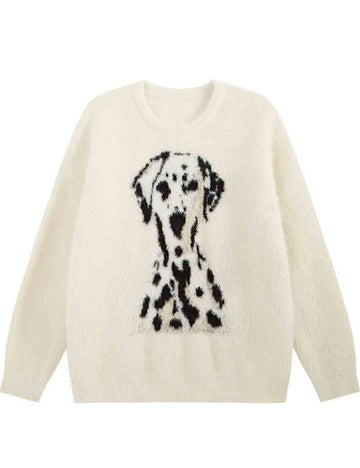Ladies Color Block Pullover Spotted Dog Pattern Long Sleeves Sweater