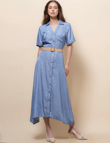 Ladies V-Neck Short Sleeves Denim Midi Dress SKD50031