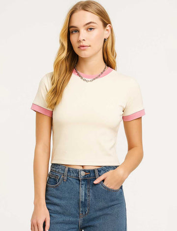 Ladies Contrast Color Round Neck Short Sleeves Cropped T-Shirt