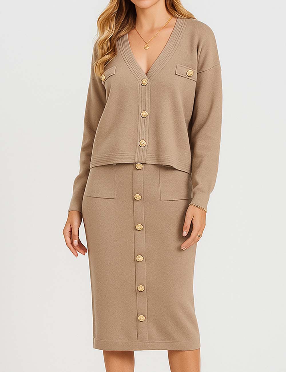 Ladies Solid Color V-Neck Knit Top & Skirt Set