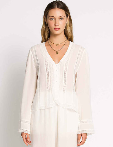 Ladies Lace Trim Hollow Out V-Neck Button Blouse