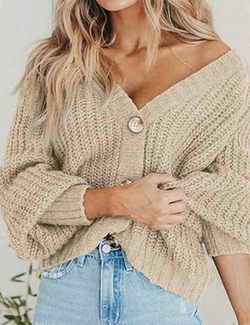 Ladies V-Neck Solid Color Button Closure Knit Cardigan