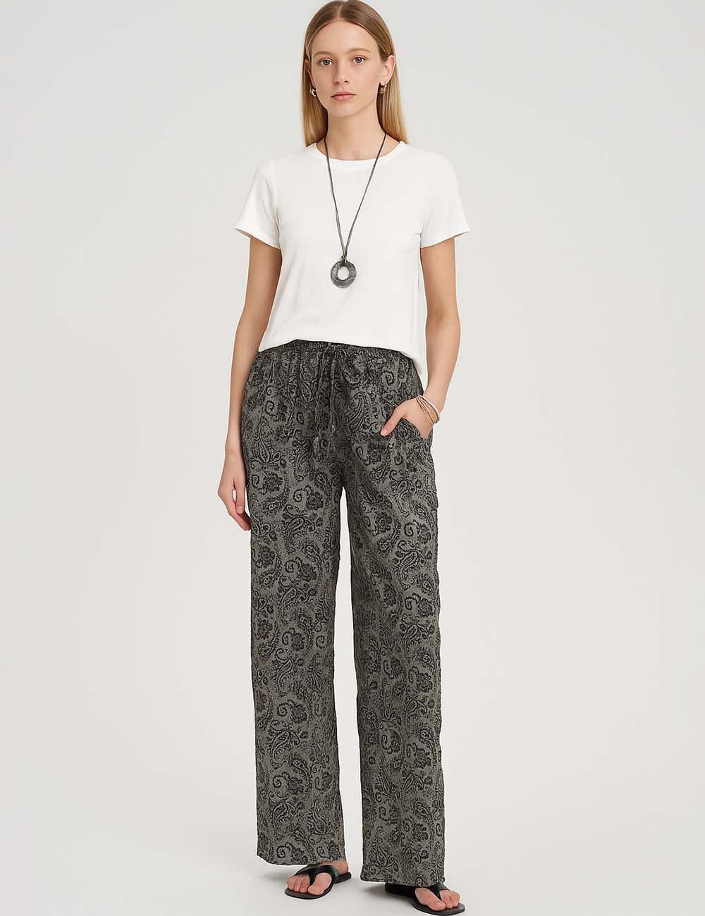 Ladies Abstract Print Elastic Waist Wide Leg Pants