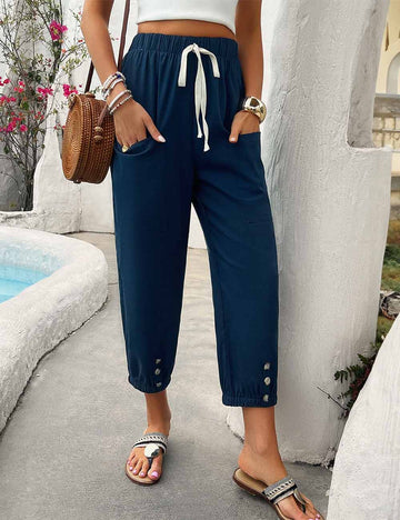 Ladies Elastic Waist Drawstring Pocket Cropped Tapered Pants
