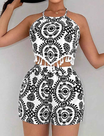 Ladies Allover Print Fringe Halter Backless Top & Shorts Set