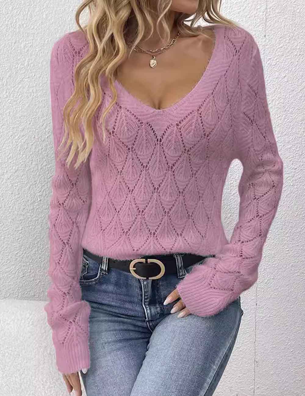 Ladies Solid Color V-Neck Long Sleeves Knit Sweater