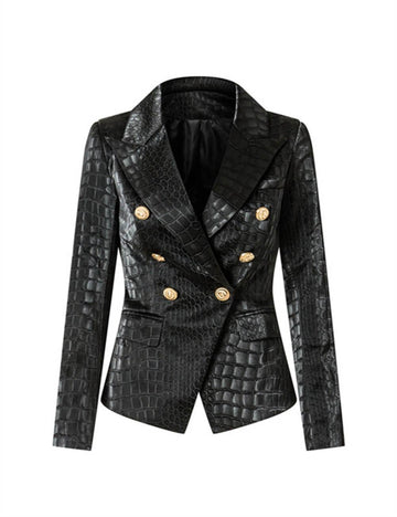 Ladies Double Breasted Long Sleeves Leather Blazer 10501