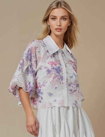 Ladies Eyelet Floral Print Short Sleeves Shirt JT5502