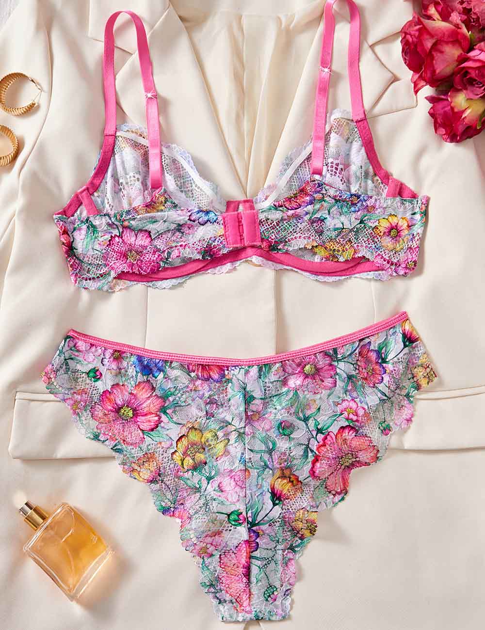 Ladies Sexy Eyelet Mesh Floral Bra Thong Lingerie Set