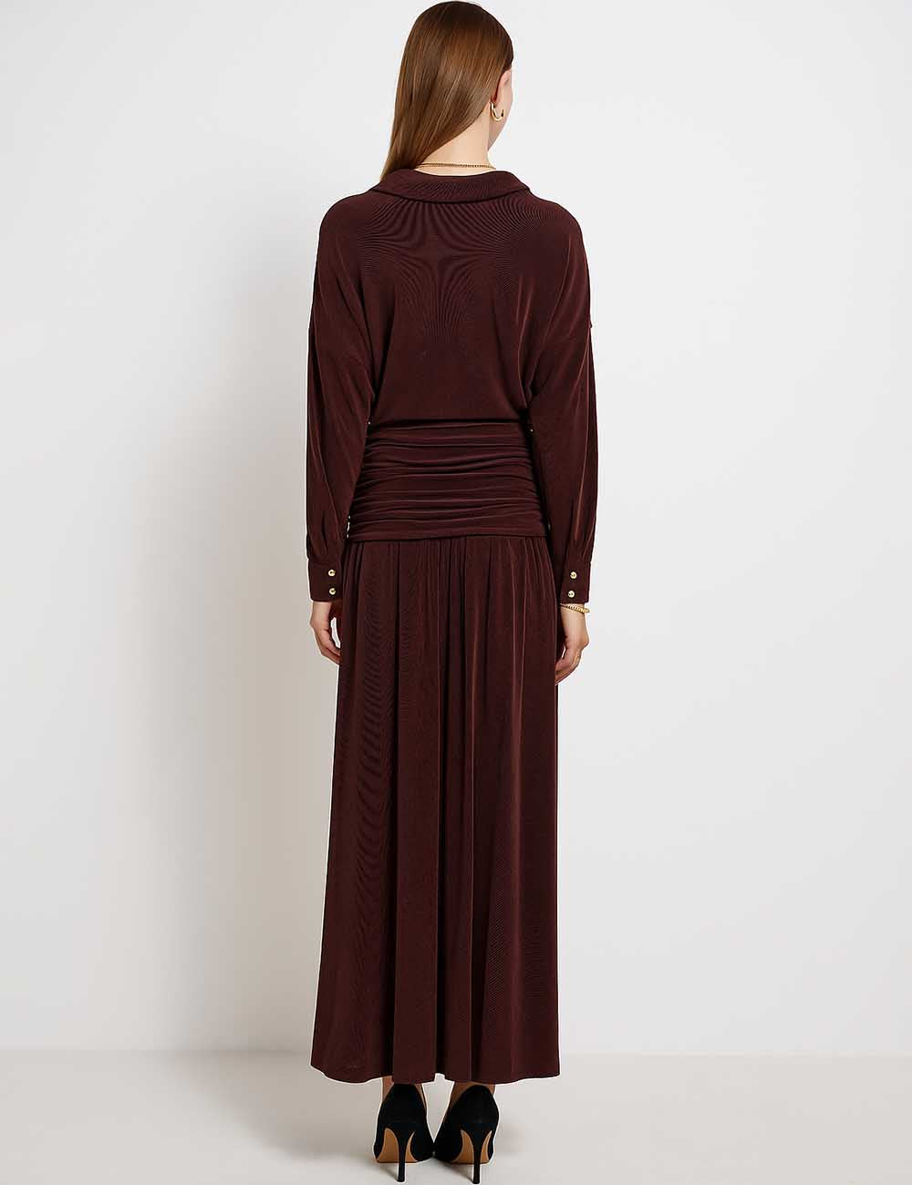 Ladies Shirt Collar Crossover V-Neck Wrinkle Maxi Dress