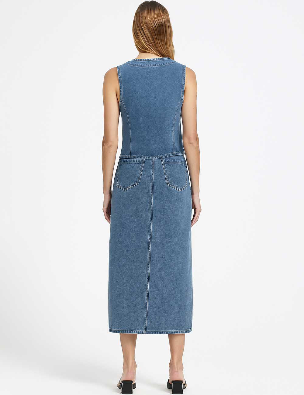 Ladies Denim Vest And Split Hem Skirt Set 4219