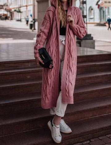 Ladies Solid Color Hoodie Cable Knit Sweater Coat Cardigan SKT5KC115