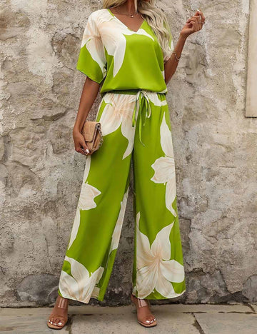 Ladies Color Block Floral Print Short Sleeves Top & Pants Set