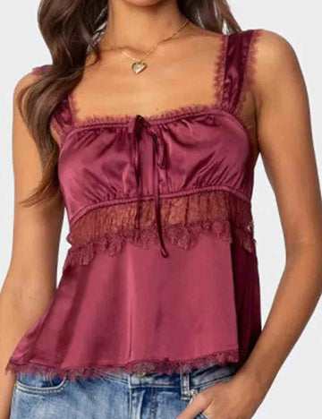 Ladies Solid Color Square Neck Lace Backless Babydoll Tank Top
