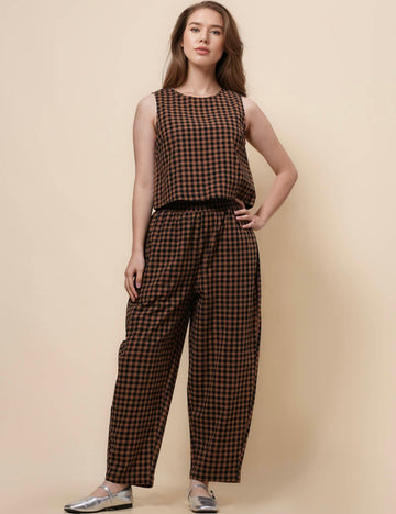 Ladies Plaid Color Block Top Pants 2PCS Set SKST41122