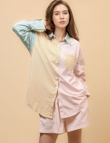 Ladies Striped Color Block Stripe Shirt Shorts Set SKST4664