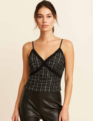 Ladies V-Neck Lace Trim Tweed String Shoulder Corset Top