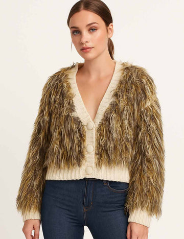 Ladies V-Neck Faux Fur Shaggy Knit Cardigan