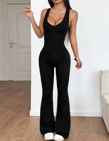 Ladies Solid Color Halter Strap Shoulder Sleeveless Flared Jumpsuit