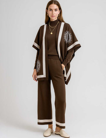 Ladies Knit Shawl Cape & Sweater & Pants 3PCS Set