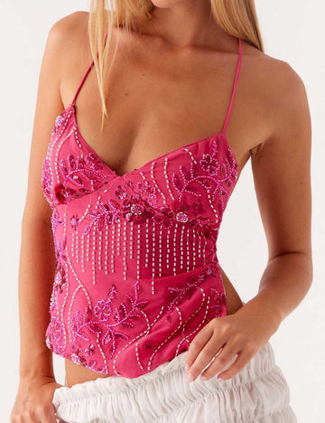 Ladies V Neck Embroiderise Glitter Drawstring Backless Cami Top
