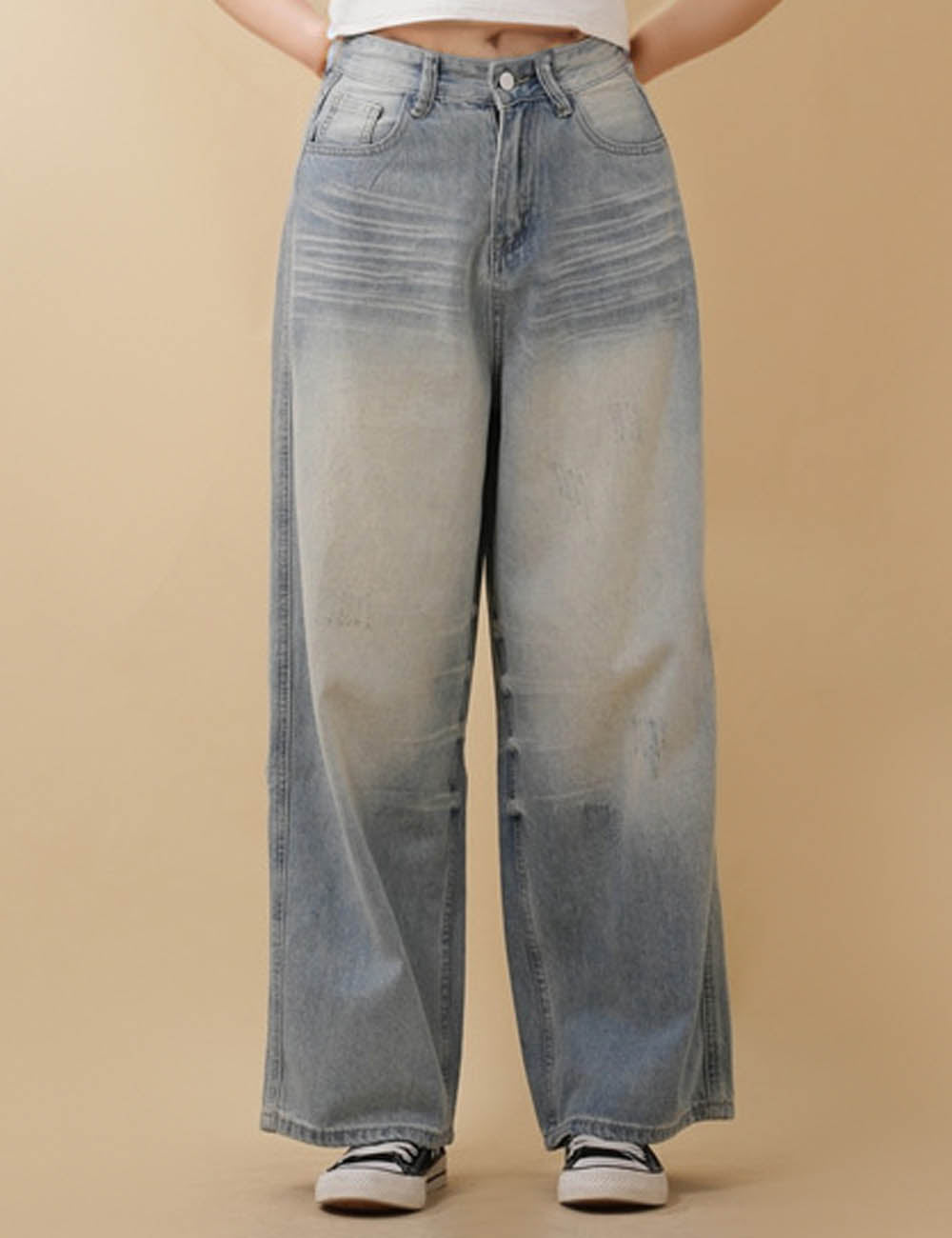 Ladies Distressed Button Pocket Straight Leg Denim Pants