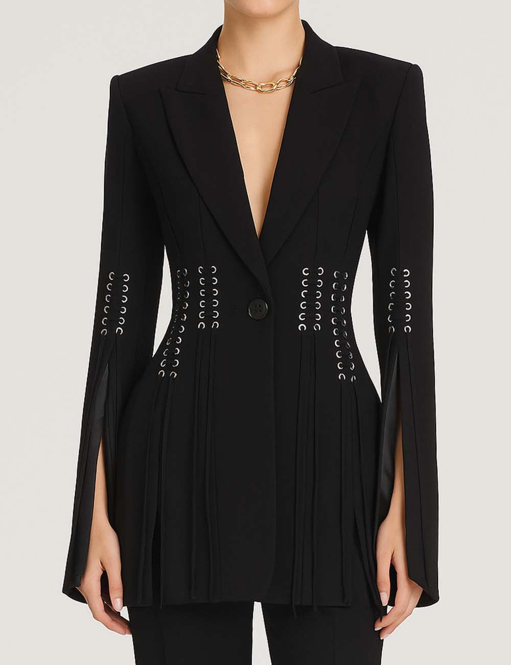 Ladies Lace-Up Design Black Blazer Coat Q2081