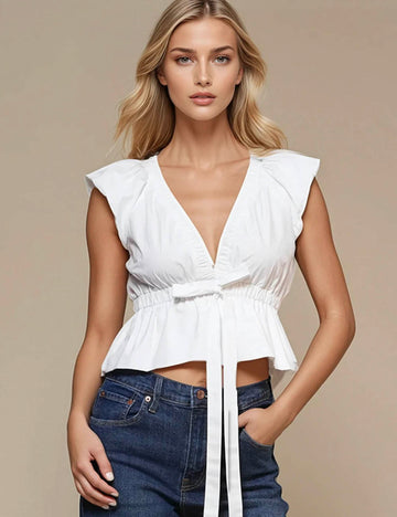 Ladies V-neck Waist Bowtie Sleeveless White Top SKT51005