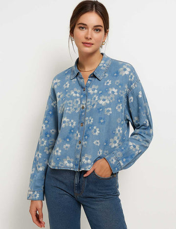 Ladies Floarl Print Turndown Collar Button Denim Shirt