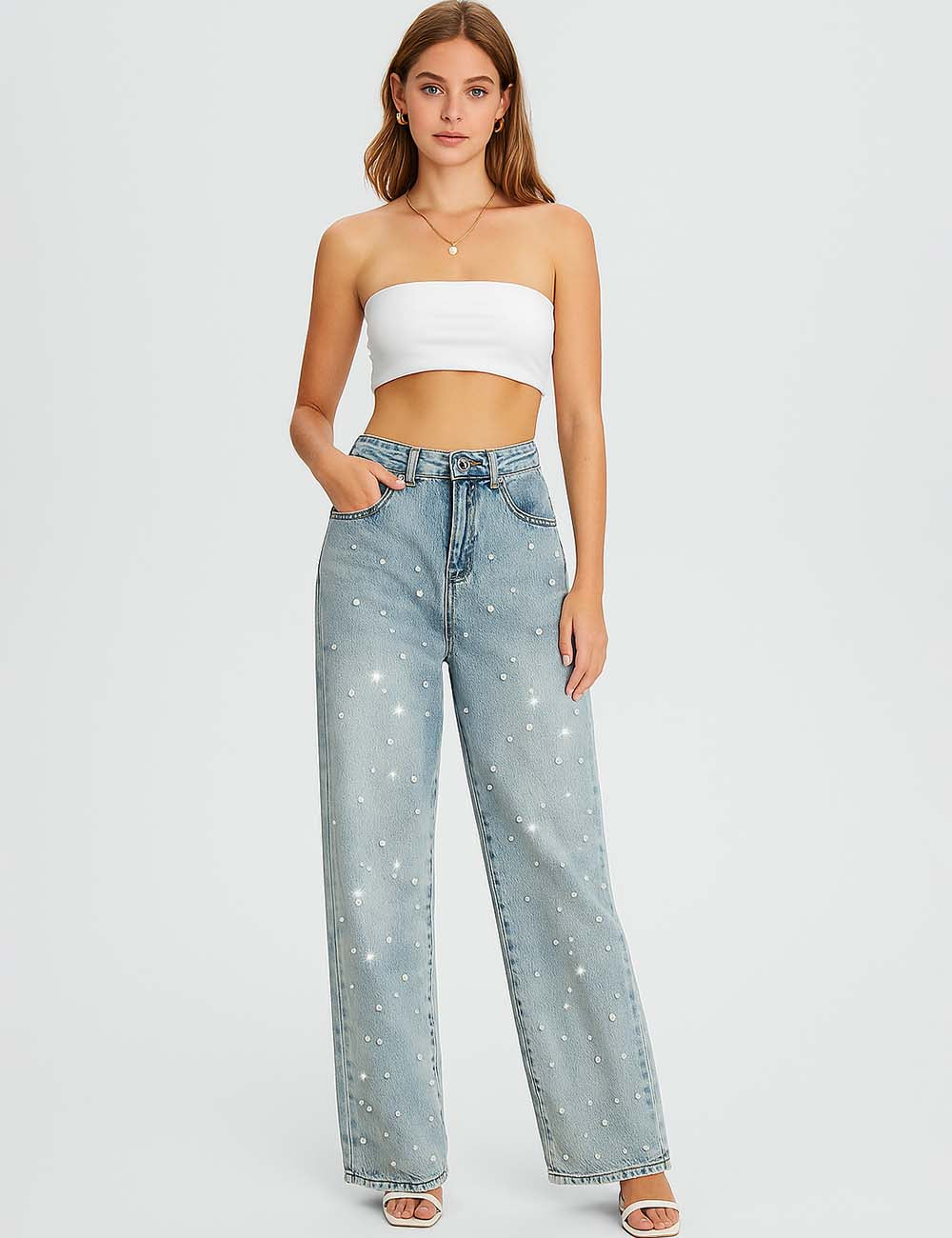 Ladies Pearl Beading Straight Leg Denim Pants
