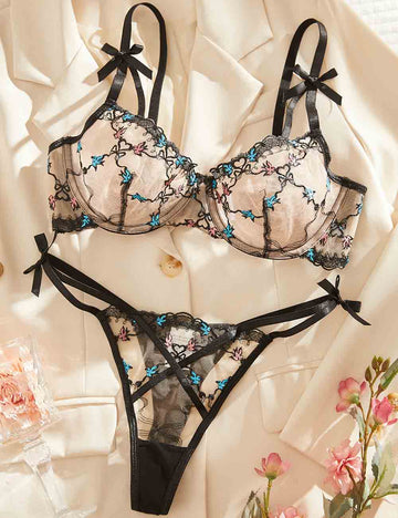 Ladies Sexy Sheer Embroidery Cross Strap Bow Lingerie Set