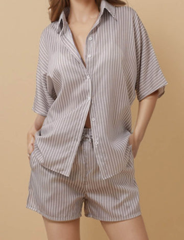 Ladies Striped Button Down Half Sleeves Top & Shorts Set 8SKST51340