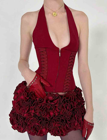 Ladies V-Neck Zipper Front Halter Back Tie Sleeveless Top
