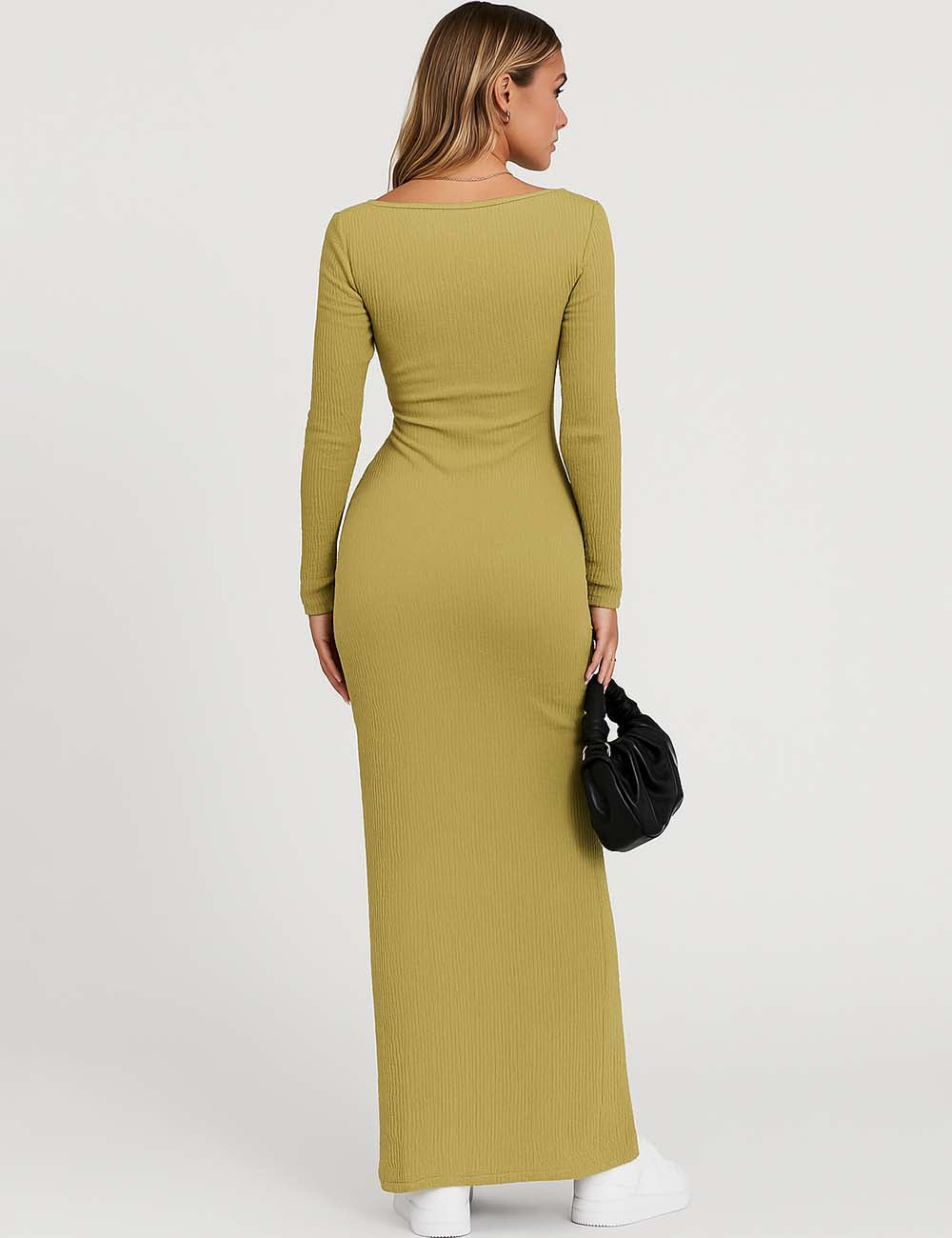 Ladies Square Neck Hip Wrap Knit Maxi Dress