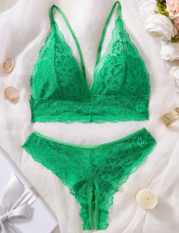 Ladies Sexy Lace Triangle Cup Open Crotch Thong Lingerie Set