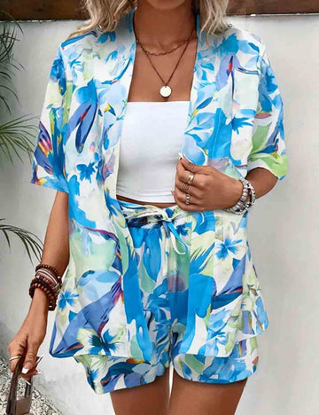 Ladies Boho 2PCS Short Sleeves Kimono Top & Shorts Set