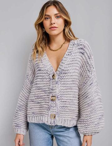 Ladies Multicolor V-Neck Button Front Balloon Sleeves Cardigan