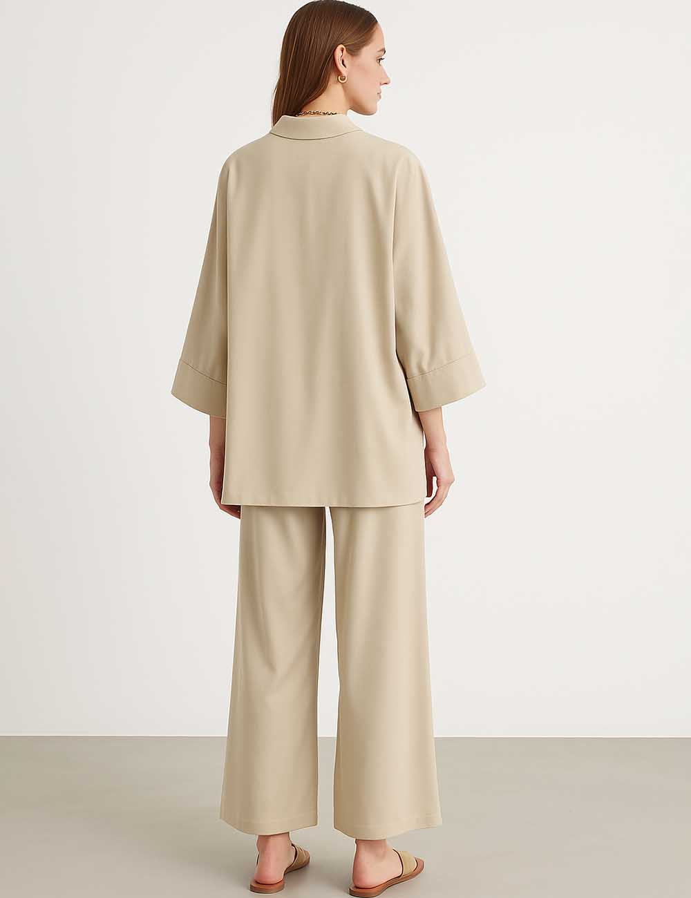 Ladies Turndown Collar Half Sleeves Wide Leg Shirt & Pants Set