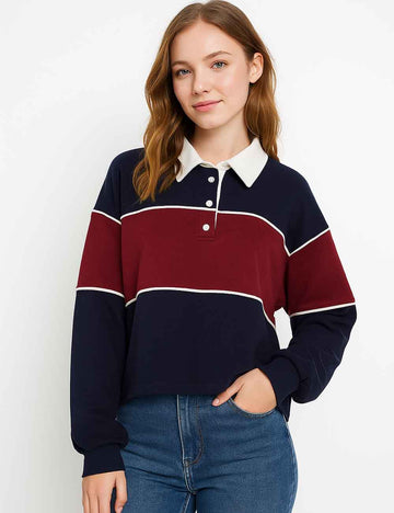 Ladies Contrast Striped Polo Collar Long Sleeves Sweatshirt