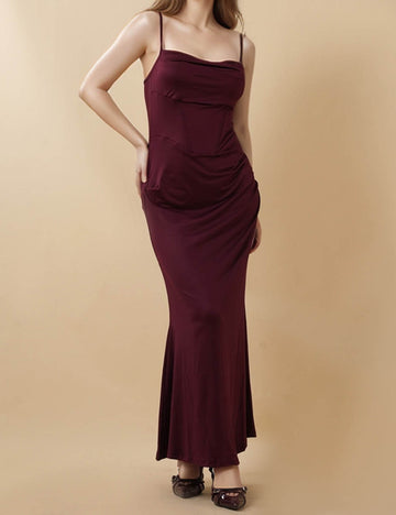 Ladies Solid Color String Shoulder Hip Wrap Mesh Maxi Dress